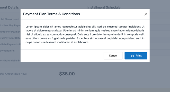 The payment plan terms and conditions pop-up displays your selected terms and conditions text for the payer.
